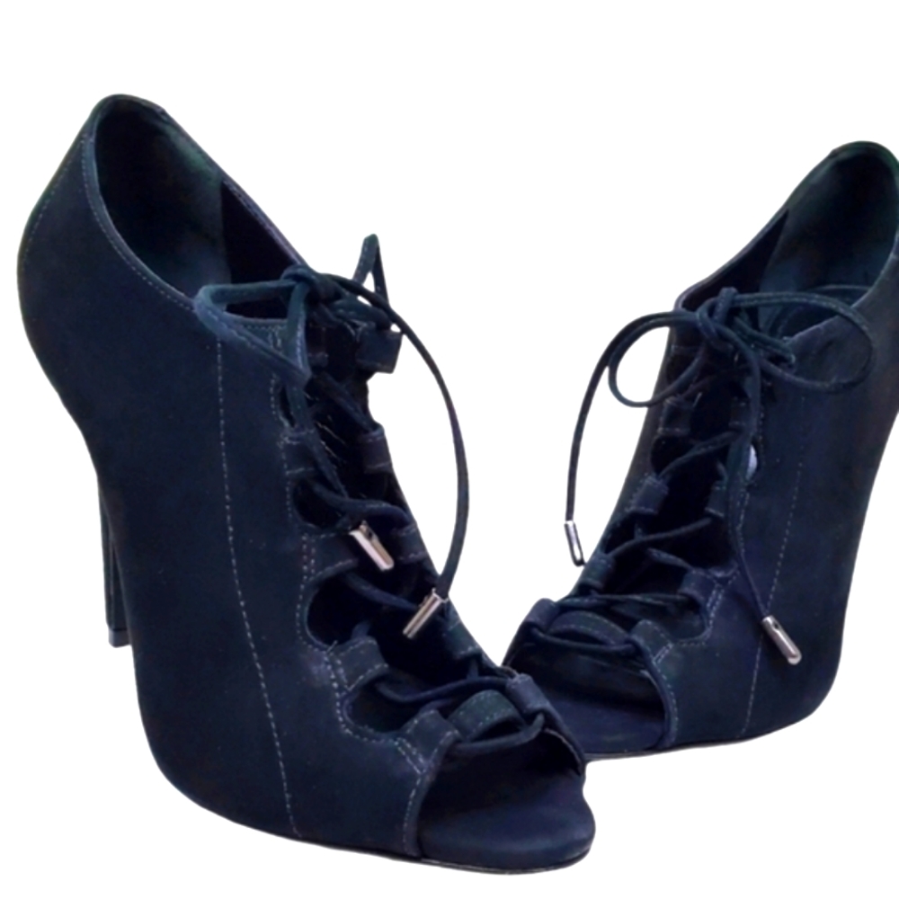 Schutz "Natalie" Heels Black Suede Lace Up Peep Toe Size 6.5